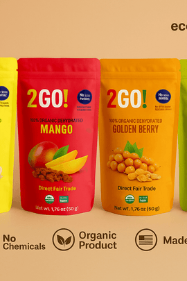 2GO! Organic Dried Fruit Variety Pack – Assorted resealable pouches of organic banana, mango, golden berry, and pineapple snacks with no added sugar, no chemicals, and 100% natural ingredients. ecoBeaut.com branding included.