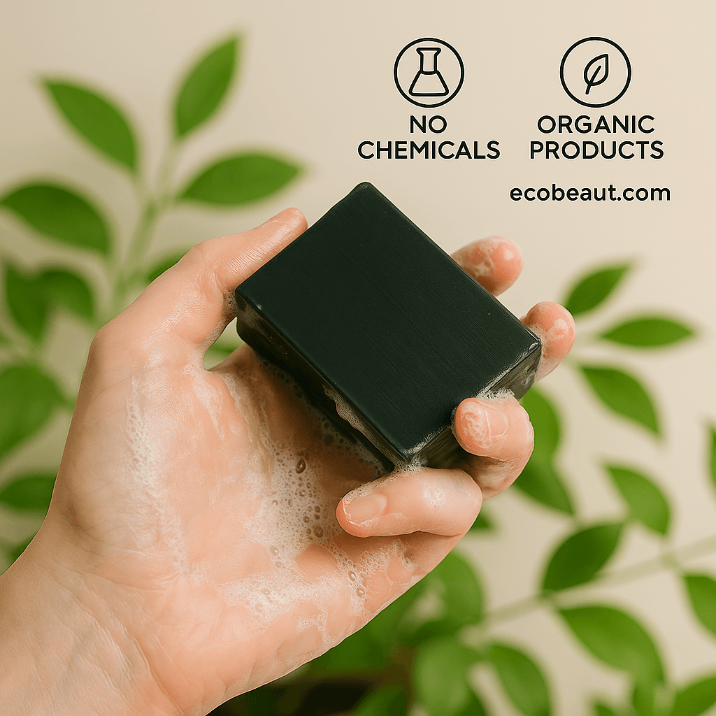 A fair-skinned hand lathers a black soap bar from ecobeaut.com, surrounded by green leaves, with “NO CHEMICALS” and “ORGANIC PRODUCTS” icons in the upper right corner.