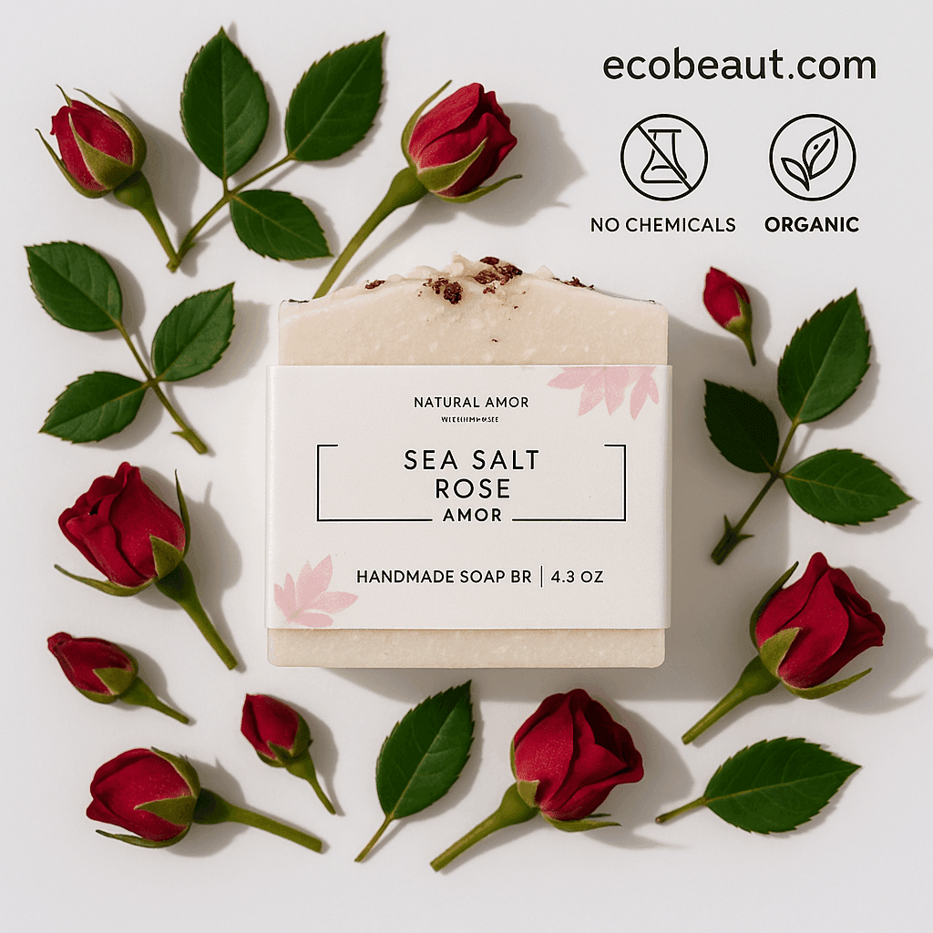 A flat-lay product image of the “Sea Salt Rose Amor” handmade soap bar from ecobeaut.com, surrounded by red rosebuds and green leaves on a white background, with “No Chemicals” and “Organic” icons and ecobeaut.com written in the top right corner.