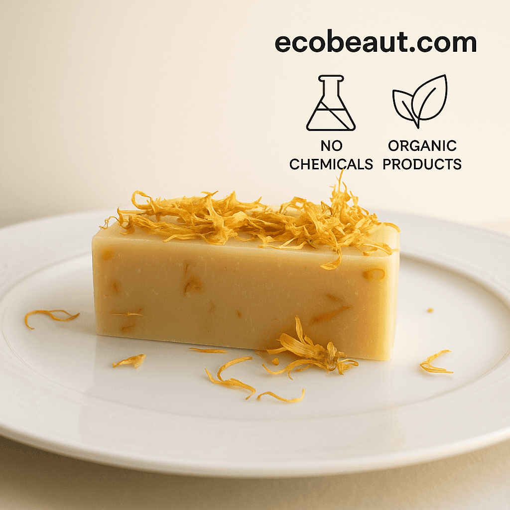 A handmade calendula soap bar by ecobeaut.com rests on a white ceramic plate, topped with dried petals, with “NO CHEMICALS” and “ORGANIC PRODUCTS” icons in the upper right corner.