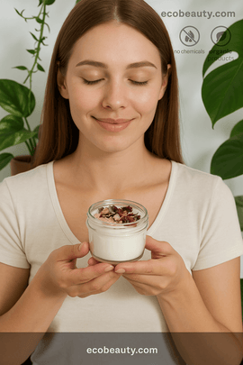 Woman holding a jar of natural product with greenery in the background, featuring ecobeauty.com branding.