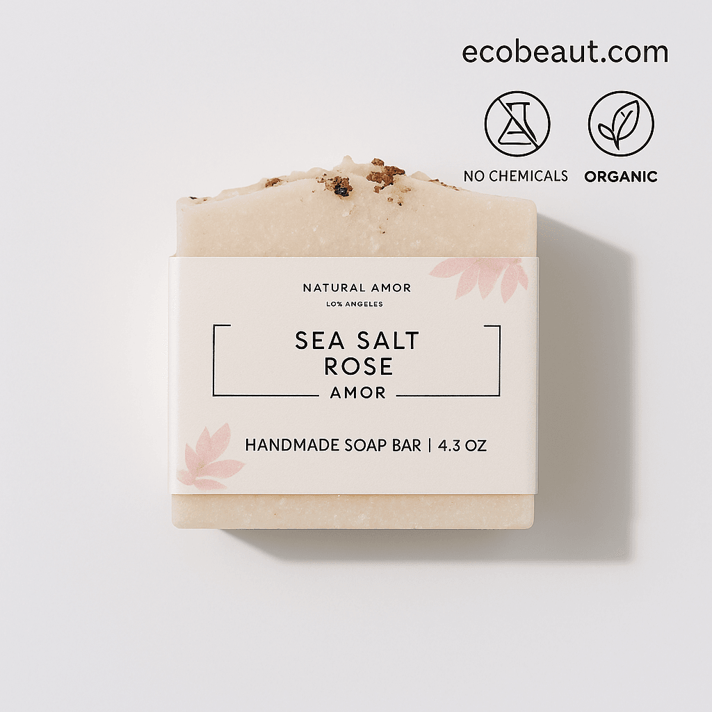 A minimalist product photo of the “Sea Salt Rose Amor” handmade soap bar from ecobeaut.com, set on a clean white background with “No Chemicals” and “Organic” icons and ecobeaut.com in the upper right corner.