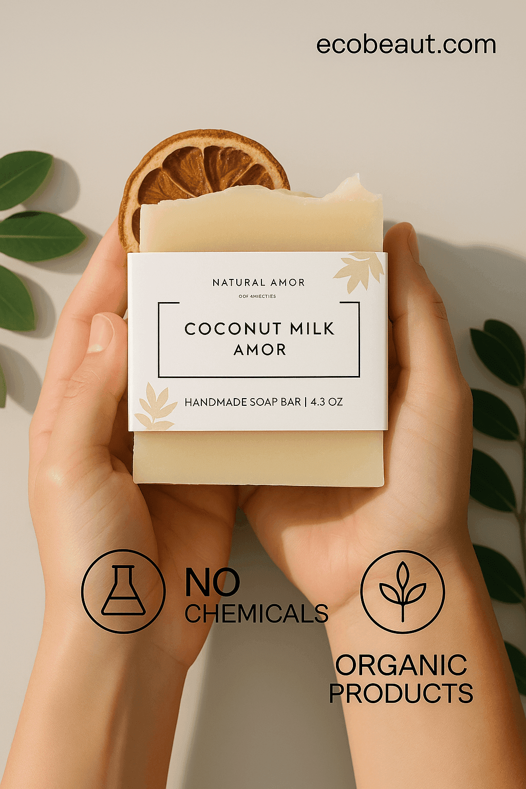 A person gently holds a Coconut Milk Amor handmade soap bar with dried citrus on top. Surrounded by green leaves, the image includes ecobeaut.com in the top right and eco labels 'NO CHEMICALS' and 'ORGANIC PRODUCTS' at the bottom.