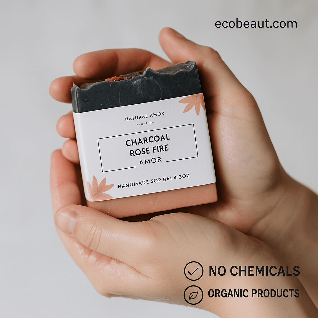 A person holds a Charcoal Rose Fire handmade soap bar from Natural Amor in both hands. The label is visible with 'NO CHEMICALS', 'ORGANIC PRODUCTS' icons and ecobeaut.com in the top right corner.