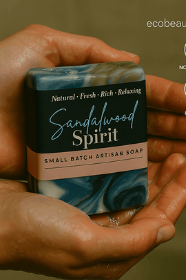 A person holds the “Sandalwood Spirit” artisan soap bar from ecobeaut.com with wet, lathered hands, showcasing the product’s natural swirls and eco-friendly labels “No Chemicals” and “Organic Products” in the upper right corner.