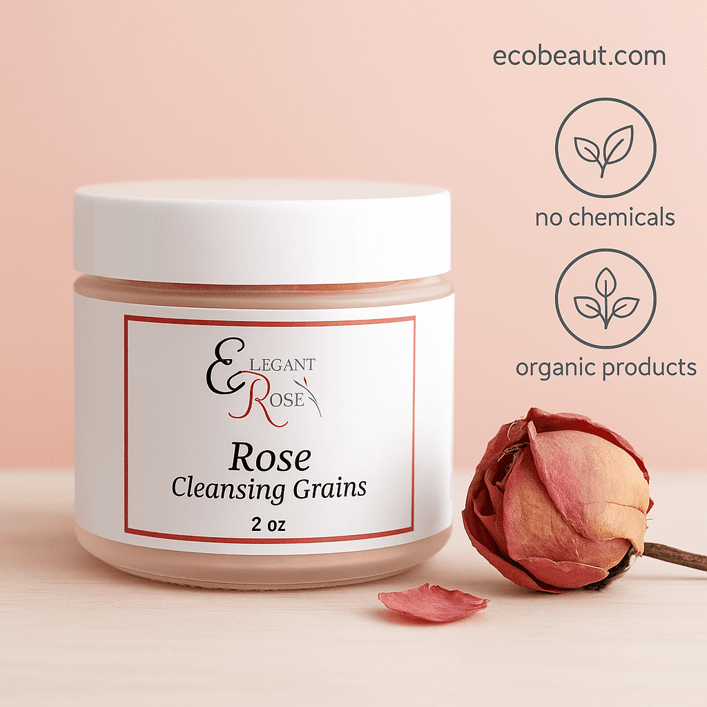 A photograph showcases a jar of rose cleansing grains by Elegant Rose, placed beside a dried rosebud on a wooden surface, with “ecobeaut.com,” “no chemicals,” and “organic products” labels elegantly displayed in the upper right corner.