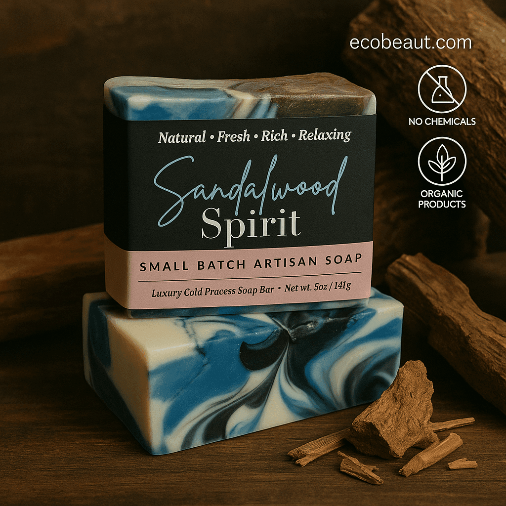 A professional product photo displays the "Sandalwood Spirit" artisan soap bar from ecobeaut.com placed on a wooden surface surrounded by sandalwood pieces, with eco-friendly icons “No Chemicals” and “Organic Products” in the top right corner.