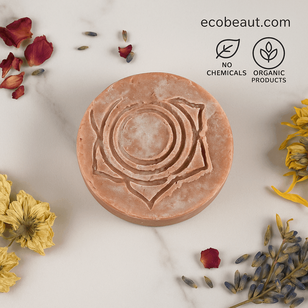 A round artisan soap with a lotus design sits on a marble surface, surrounded by dried flowers and petals, with eco-friendly icons “No Chemicals” and “Organic Products” and ecobeaut.com displayed in the upper right corner.