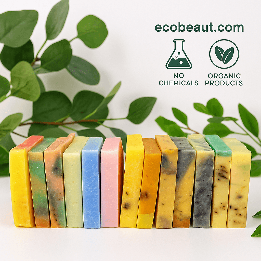 A row of twelve colorful handmade soap bars by ecobeaut.com with green leaves in the background and “NO CHEMICALS” and “ORGANIC PRODUCTS” icons in the upper right corner.