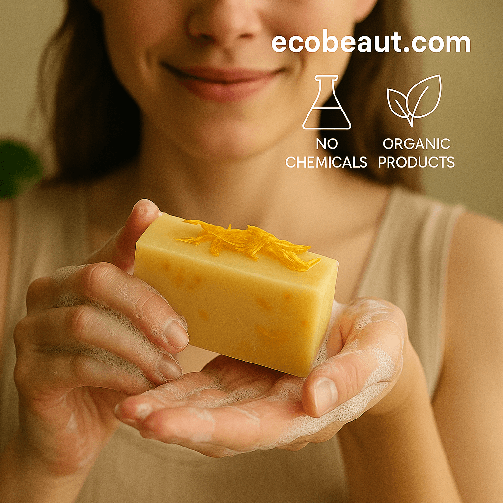 A smiling woman holds a calendula soap bar from ecobeaut.com with foamy hands, featuring “NO CHEMICALS” and “ORGANIC PRODUCTS” icons in the upper right corner.