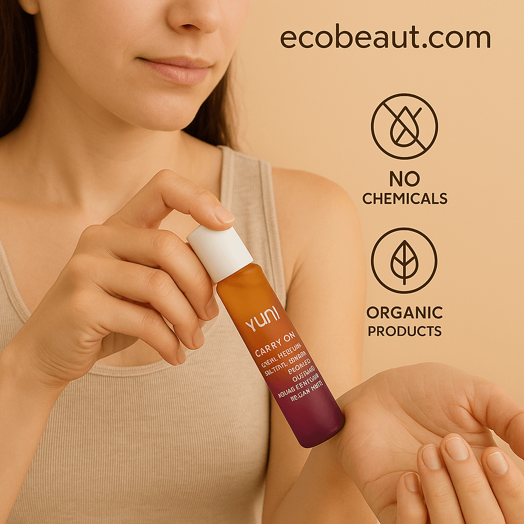 A woman applies YUNI Carry Om aromatherapy essence to her wrist, with eco-friendly icons and ecobeaut.com in the top right corner.