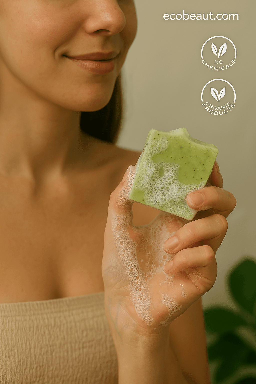 : A woman holds a lathered Spearmint Eucalyptus soap bar from ecobeaut.com with foamy hands, smiling softly, with “NO CHEMICALS” and “ORGANIC PRODUCTS” icons in the upper right corner.