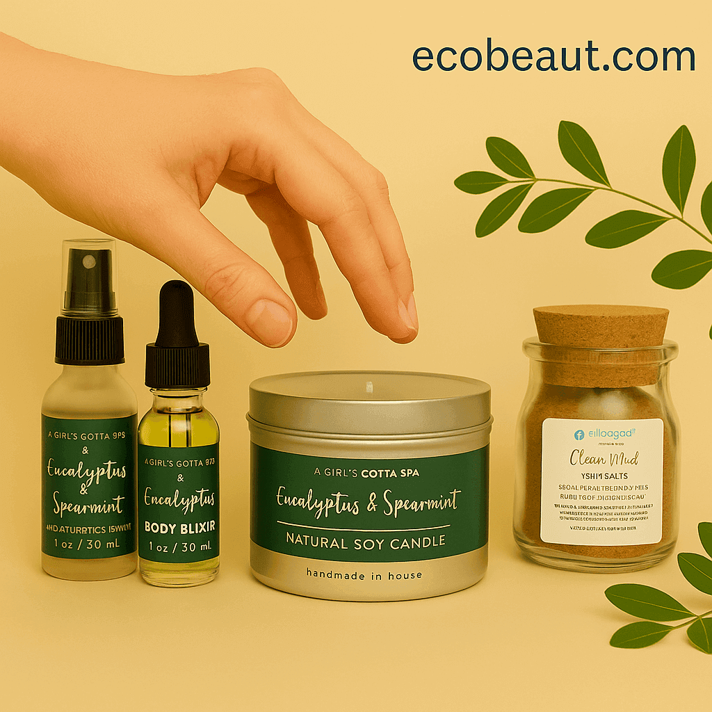 A woman's hand reaching for a eucalyptus and spearmint soy candle among natural spa products, with green leaves and ecobeaut.com displayed in the top right corner.