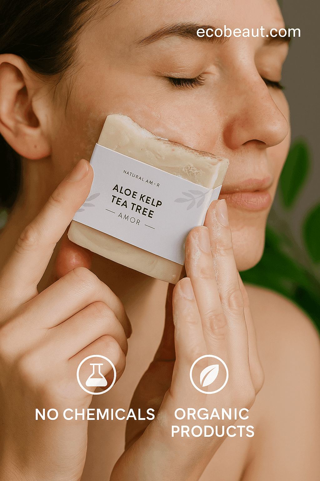 A woman with closed eyes gently washes her face with a handmade Aloe Kelp Tea Tree soap bar from ecobeaut.com. The product features a minimalist white label, and eco-friendly icons 'NO CHEMICALS' and 'ORGANIC PRODUCTS' appear at the bottom of the image.