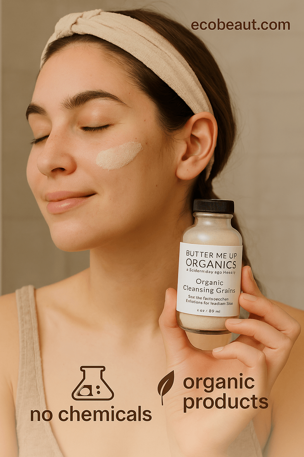 A young woman with fair skin and a beige headband gently applies a creamy organic face scrub to her cheek while holding a bottle labeled "Butter Me Up Organics – Organic Cleansing Grains." The background is a soft, neutral bathroom wall, with eco-friendly icons "no chemicals" and "organic products" at the bottom and the website "ecobeaut.com" in the top right corner.