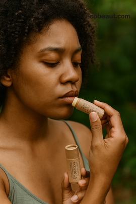 Woman applying a stick of makeup outdoors with a blurred green background
