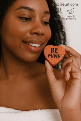African-American woman using a Valentine's Day heart-shaped organic bath bomb – natural spa ritual at home – ecobeaut.com
