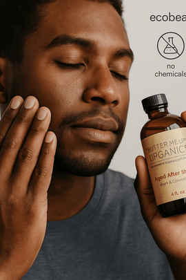 African American man applying Butter Me Up Organics Aged After Shave – natural aftershave with rum and cinnamon from ecobeaut.com