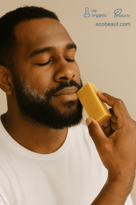 African American man applying Citrus Zest organic soap to his beard – natural beer shampoo and body bar from ecobeaut.com