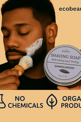 African American man applying Shave Essentials Sandalwood Shaving Soap with a brush – natural, chemical-free grooming from ecobeaut.com.