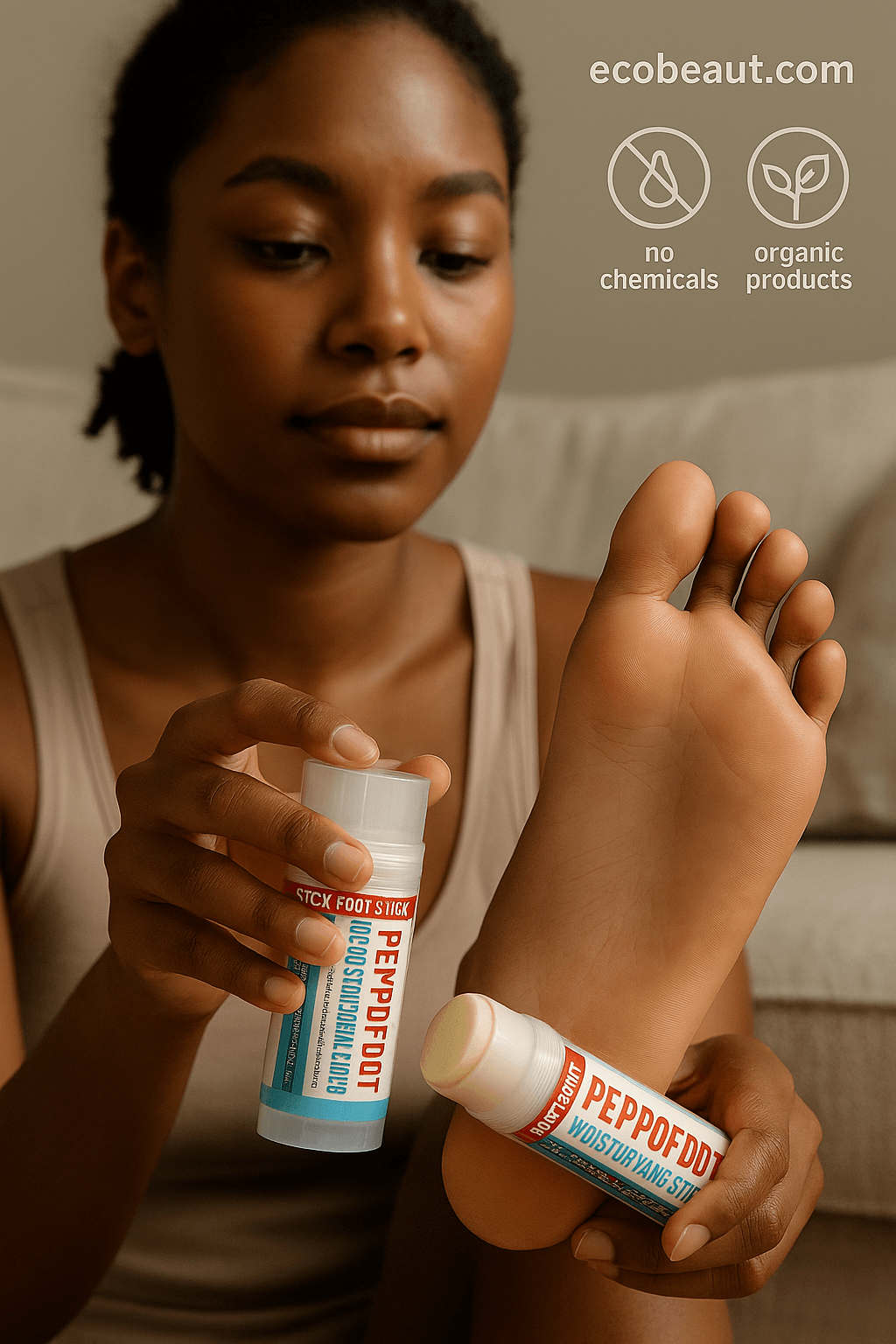 African American woman applying PEPPOFOOT Moisturizing Stick to her foot – organic foot care product with no chemicals, ecobeaut.com