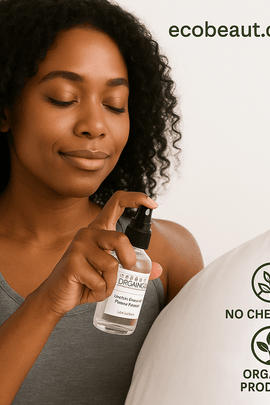 African American woman applying Sweet Dreams Pillow Spray by Butter Me Up Organics before sleep – relaxing organic formula – no chemicals, organic products – ecobeaut.com