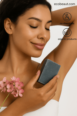 African American woman using Black Tourmaline Detox Soap – energizing natural soap from ecoBeaut.com, labeled no chemicals, organic products