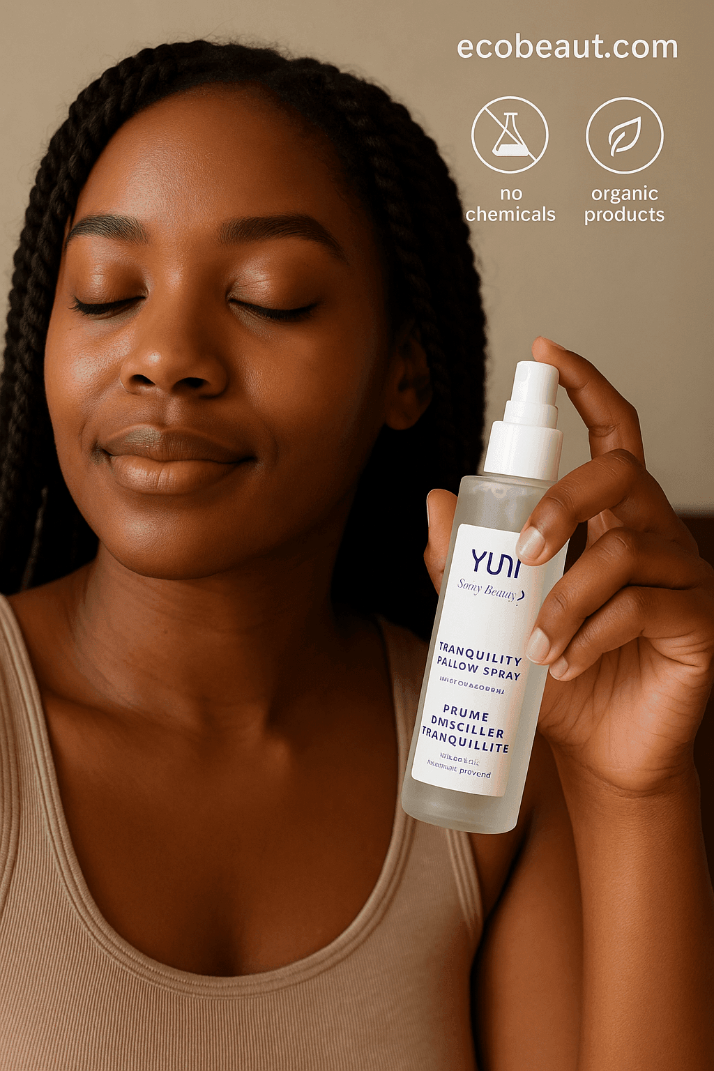 African American woman with braids holding YUNI Tranquility Pillow Spray near face, smiling peacefully, featuring ecobeaut.com, no chemicals, organic products – calming pillow mist USA
