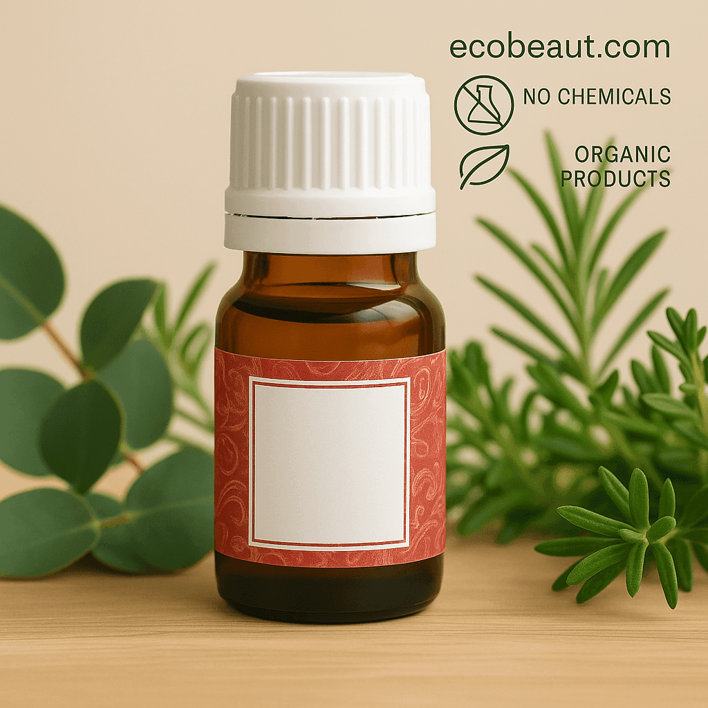 Amber glass essential oil bottle with a red patterned label, placed on a wooden surface with eucalyptus and rosemary leaves. In the upper right corner, eco-friendly icons and “ecobeaut.com” are displayed.
