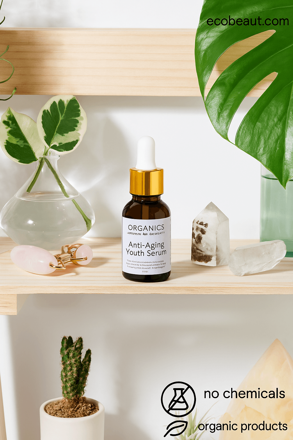 "Anti-Aging Youth Serum by Organics displayed on a wooden shelf with rose quartz roller, crystals, and green leaves – ecobeaut.com, no chemicals, organic products