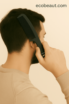 Bearded man styling hair with black carbon comb – handmade product from ecobeaut.com