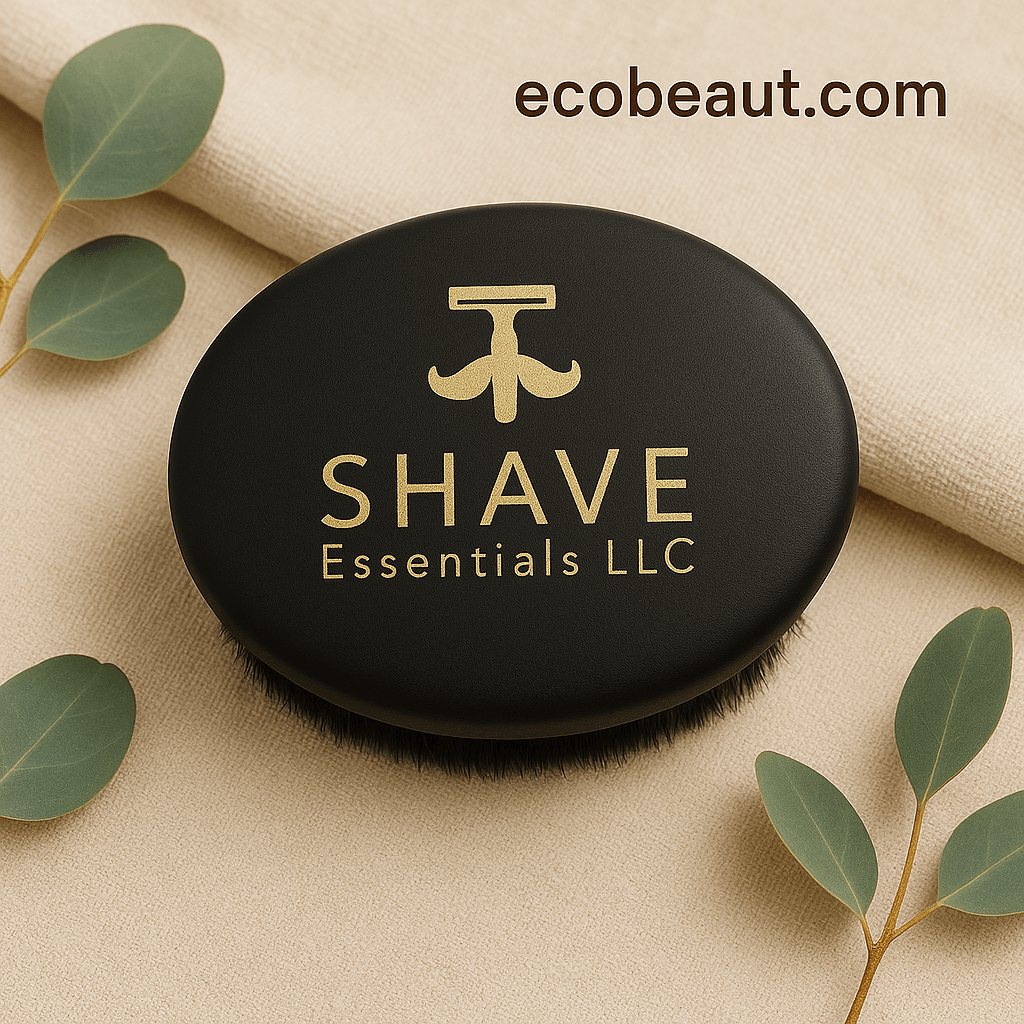 Black oval grooming brush by SHAVE Essentials LLC with gold branding on beige fabric with eucalyptus leaves — ecobeaut.com