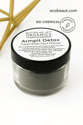 Butter Me Up Organics Armpit Detox jar on white background with black lid, organic badges, and ecobeaut.com in the top right corner.