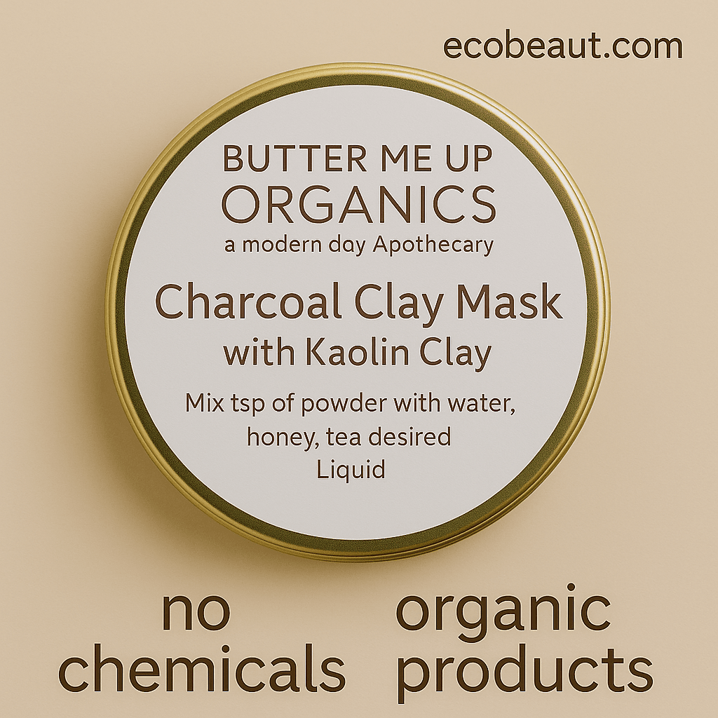 Butter Me Up Organics Charcoal Clay Mask with Kaolin Clay – close-up of product tin on neutral background with labels no chemicals, organic products, and ecobeaut.com