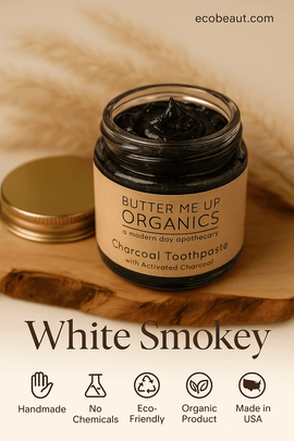 Butter Me Up Organics Charcoal Toothpaste on wooden background – Handmade, Eco-Friendly, Organic Product, No Chemicals, Made in USA – ecobeaut.com