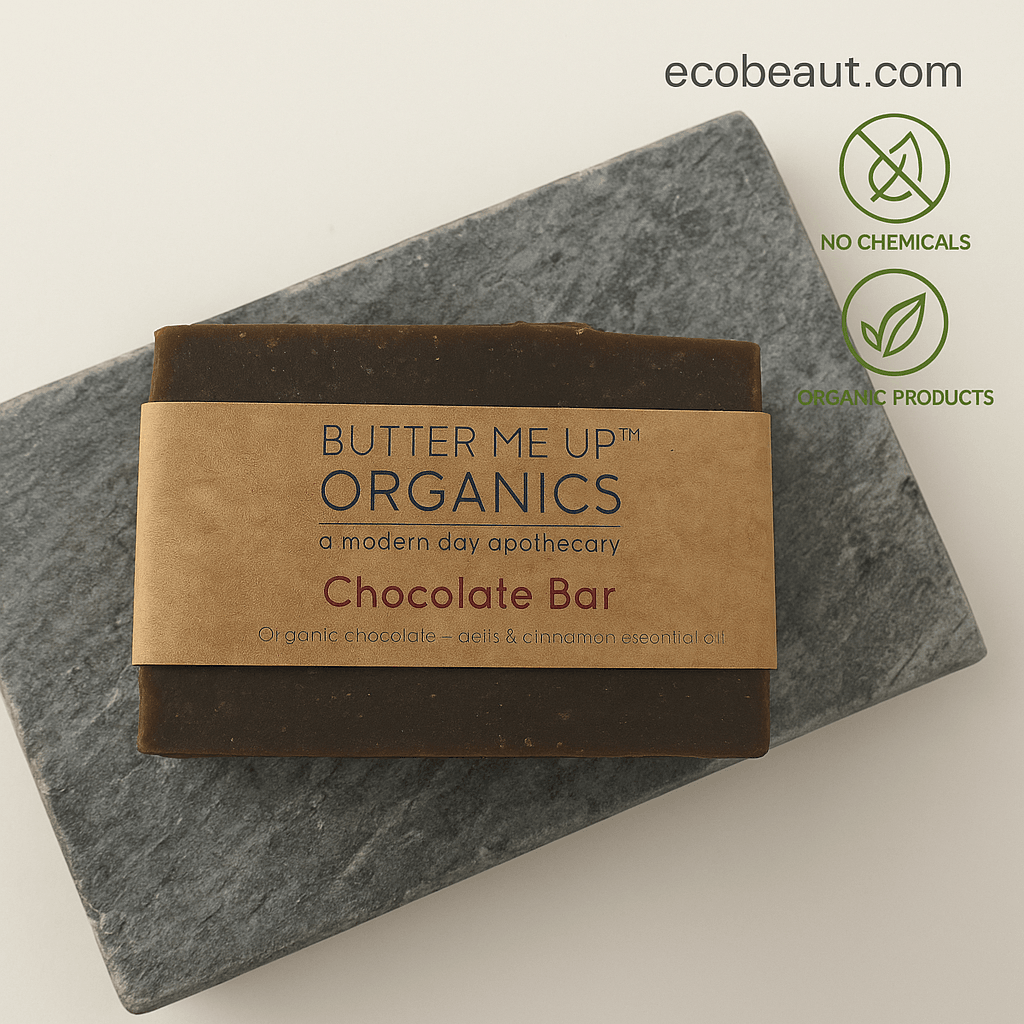 Butter Me Up Organics Chocolate Bar soap on a gray stone with ecobeaut.com, No Chemicals, Organic Products labels in the top right corner.