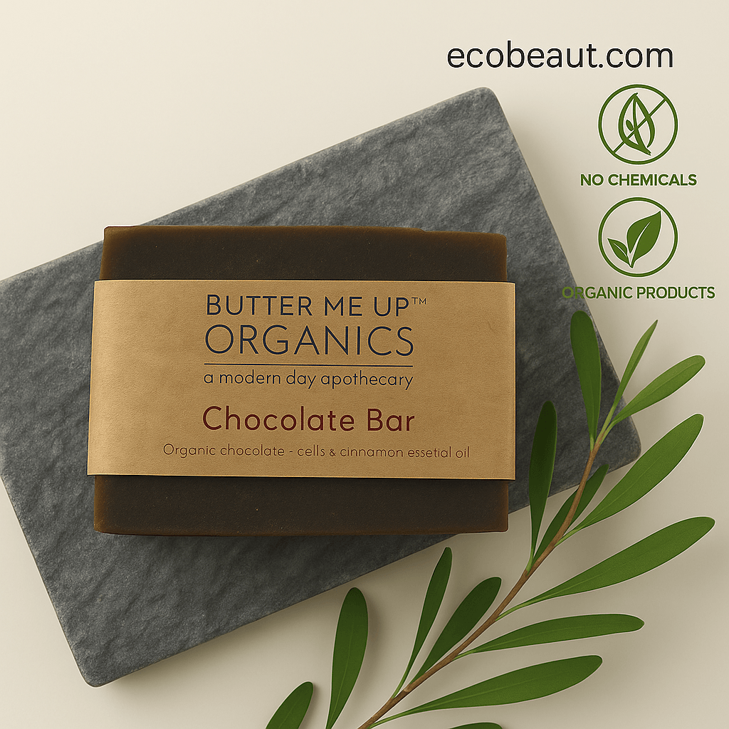 Butter Me Up Organics Chocolate Bar soap on a stone slab with greenery, ecobeaut.com, No Chemicals, Organic Products labels in the top right corner.