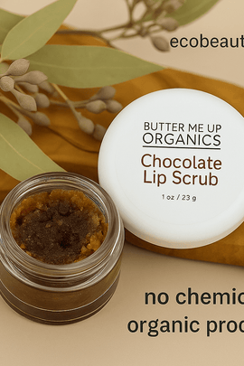 Chocolate lip scrub with packaging and branding on a neutral background
