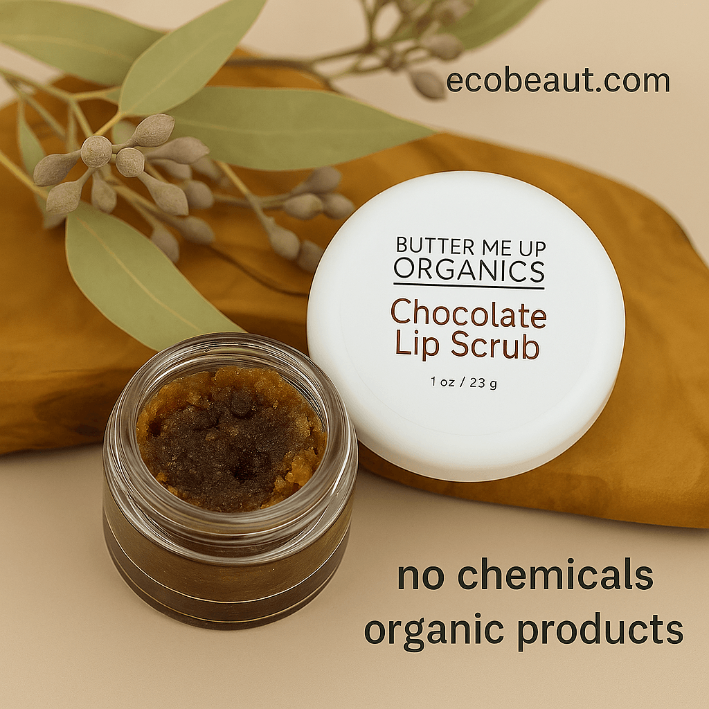 Butter Me Up Organics Chocolate Lip Scrub jar placed on a neutral background with clear label and product details, soft natural lighting, no chemicals and organic products text added at the bottom, ecobeaut.com in the top right corner