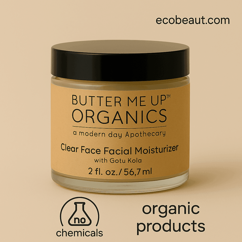 Butter Me Up Organics Clear Face Facial Moisturizer with Gotu Kola, 2 fl. oz. / 56.7 ml – organic skincare product with no chemicals, labeled ecobeaut.com