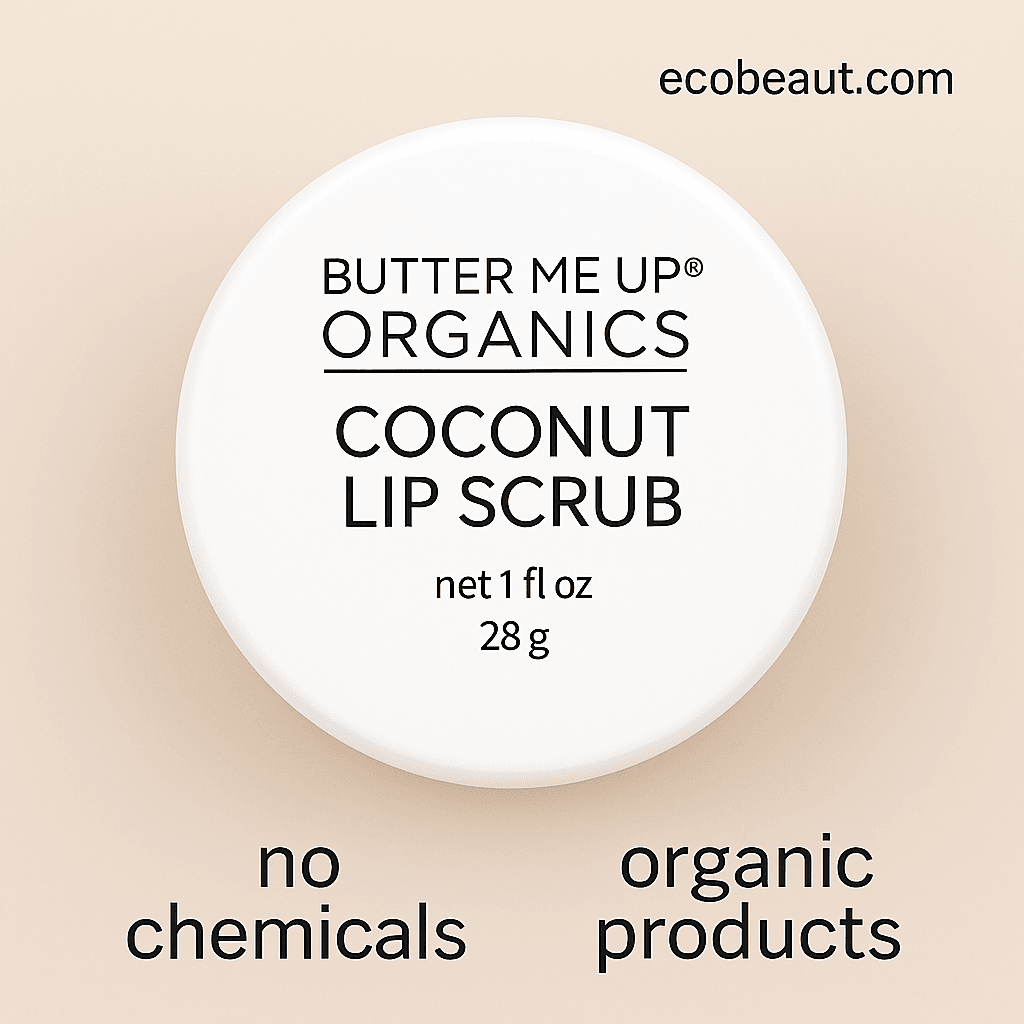 Butter Me Up Organics Coconut Lip Scrub – close-up of white jar on neutral beige background with ecobeaut.com in top right corner and labels no chemicals, organic products below