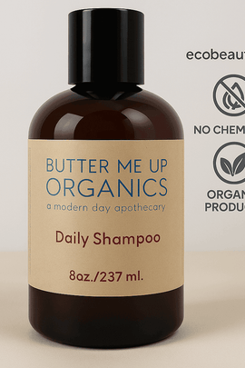 Butter Me Up Organics Daily Shampoo bottle with ecobeaut.com in the top right corner, alongside No Chemicals and Organic Products labels.