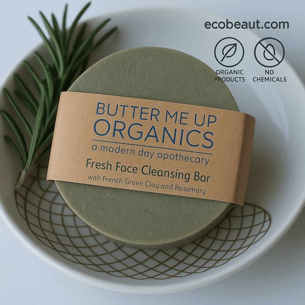 Butter Me Up Organics Fresh Face Cleansing Bar on a patterned plate with rosemary, featuring ecobeaut.com, “ORGANIC PRODUCTS,” and “NO CHEMICALS” icons in the top right corner.