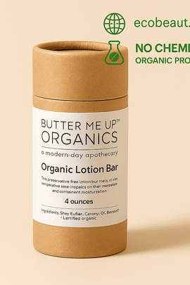 Butter Me Up Organics Organic Lotion Bar in kraft tube packaging on a beige background. Eco-friendly, organic, and chemical-free with ecobeaut.com branding in the top right corner.