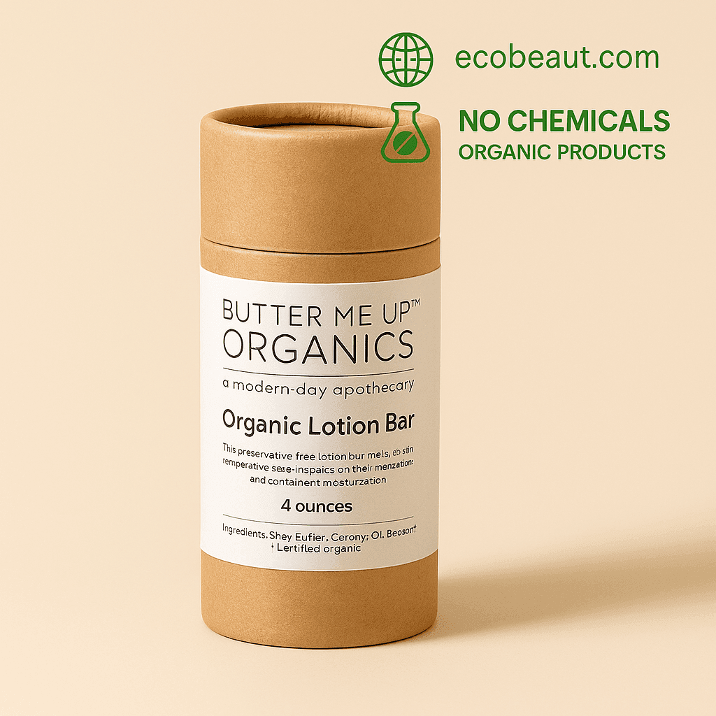 Butter Me Up Organics Organic Lotion Bar in kraft tube packaging on a beige background. Eco-friendly, organic, and chemical-free with ecobeaut.com branding in the top right corner.