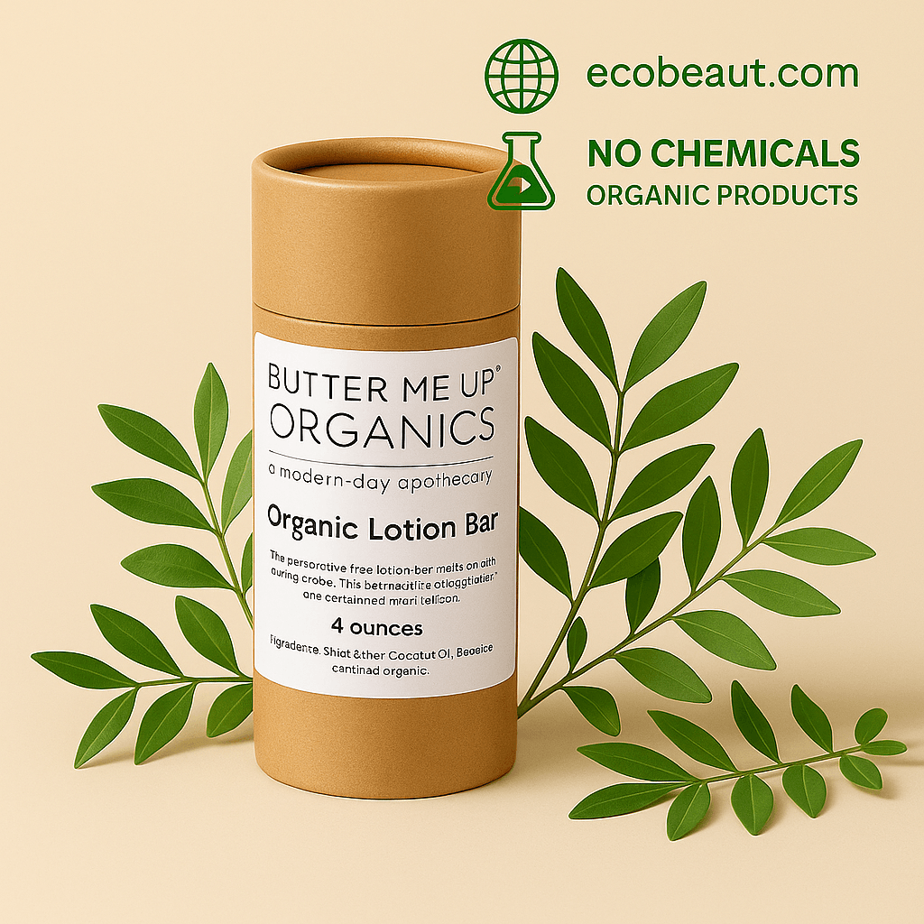 Butter Me Up Organics Organic Lotion Bar in kraft tube packaging, surrounded by green leaves on a beige background. Labeled as organic and chemical-free with ecobeaut.com branding in the top corner.