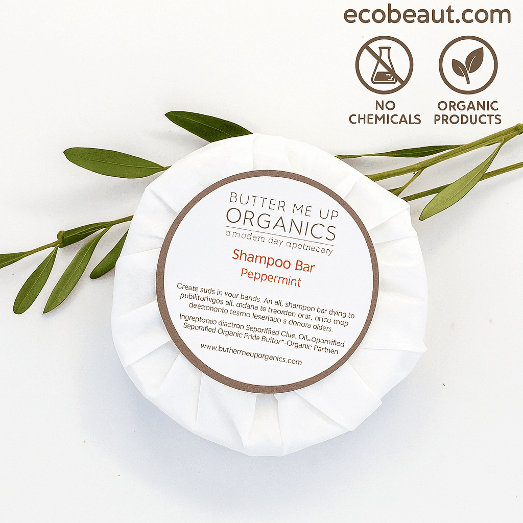 Butter Me Up Organics Peppermint Shampoo Bar with green leaves, ecobeaut.com, No Chemicals, Organic Products labels in the top right corner.