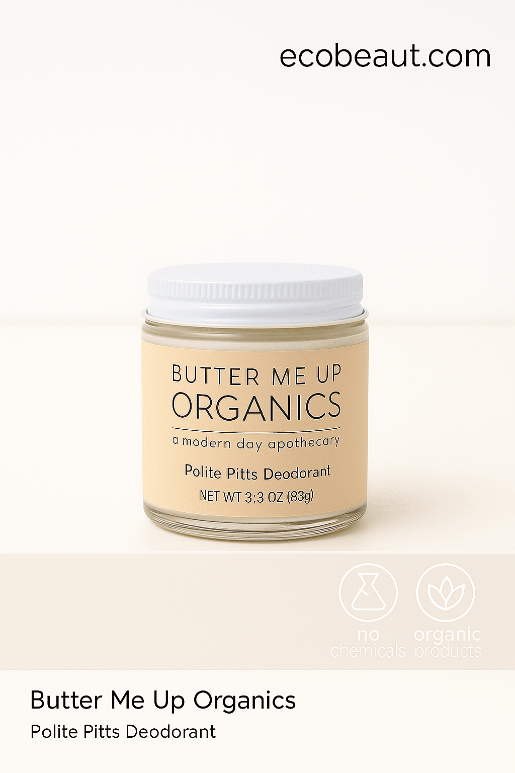 Butter Me Up Organics Polite Pitts Deodorant jar on minimal white background with ecobeaut.com and eco-friendly icons.