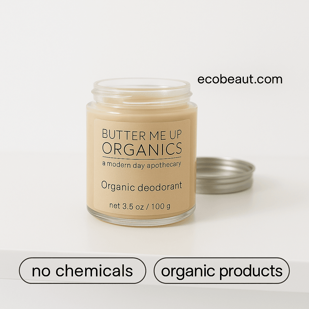 Butter Me Up Organics deodorant jar on a plain white shelf with silver lid, “no chemicals” and “organic products” labels at the bottom, and ecobeaut.com in the top right corner.
