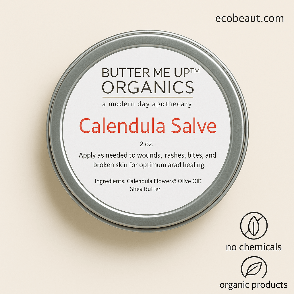 Calendula Salve tin from Butter Me Up Organics on beige background with ecobeaut.com branding and eco-friendly icons – no chemicals, organic products